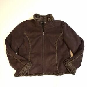 LL Bean Black Print Sherpa Jacket Large XL Fitted Short Cozy Faux Shearling